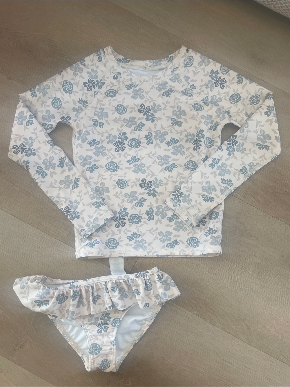Rylee + Cru White Floral Rash Guard with Light Blue Blooms